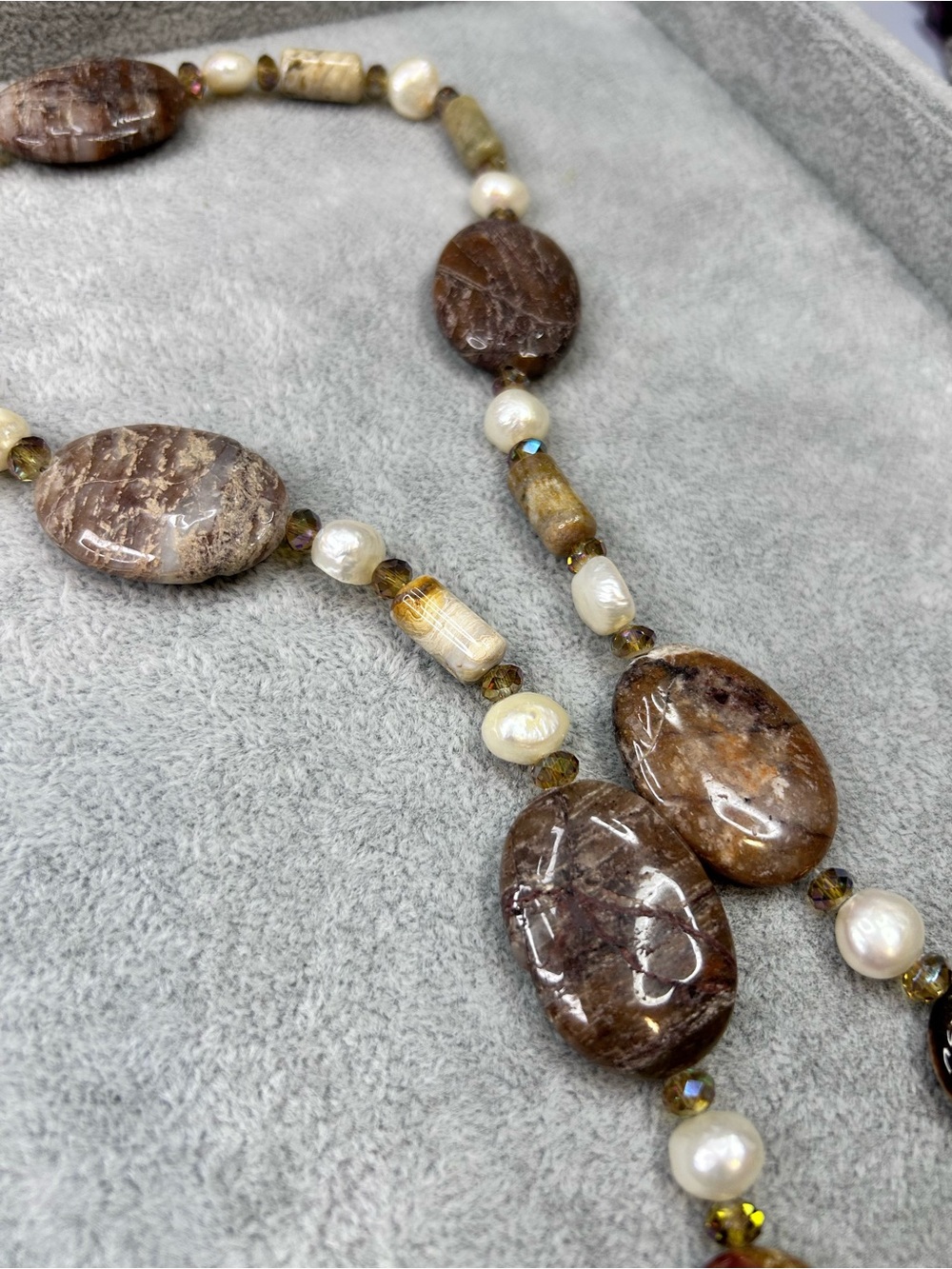 Natural Brown Semi Precious Stone & Genuine Pearl Necklace with a shell pendant